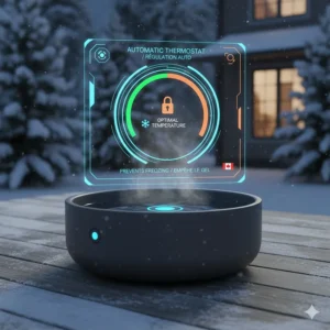 Illustration of an automatic thermostat keeping dog water from freezing in sub-zero temperatures.