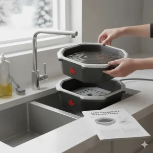 Illustration of an easy-to-clean heated dog bowl with English and French maintenance instructions.