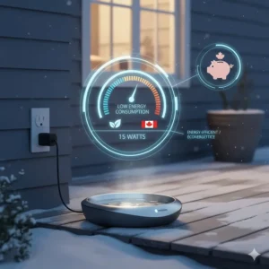 Graphic showing a low-wattage heated dog water bowl designed to save energy in Canadian homes.