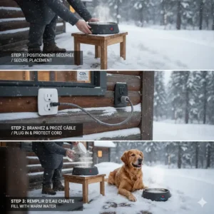 Step-by-step illustration for safely setting up an electric water bowl on a Canadian porch or kennel.