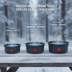 Comparison chart of small, medium, and large heated dog water bowls available in Canada.
