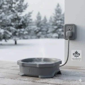 Illustration of a chew-resistant cord and safety-certified heated dog bowl for Canadian winter conditions.