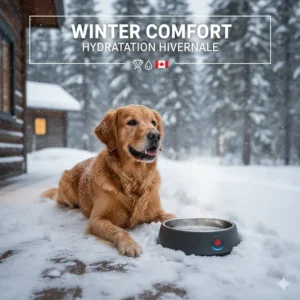 Illustration of a happy dog next to a steaming (warm) water bowl in a cold climate.
