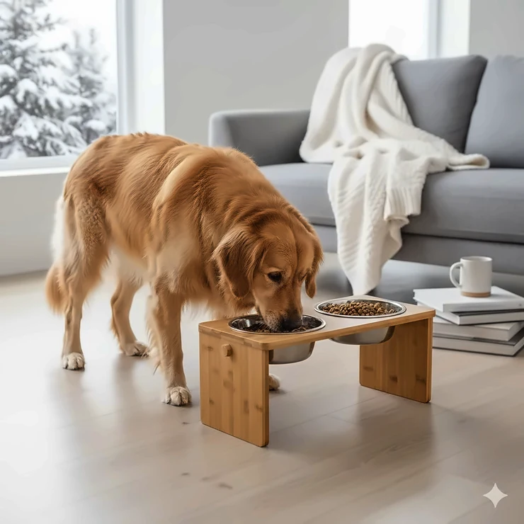 A large Golden Retriever eating from a bamboo adjustable elevated dog bowl in a modern Canadian living room.