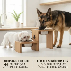 Vector art of adjustable elevated dog bowls, suitable for aging dogs of different breeds in Canada.