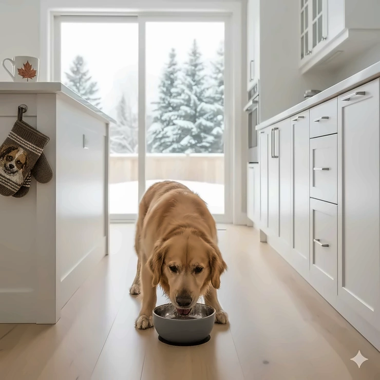 A happy dog eating from a durable, affordable dog bowl in a modern Canadian home during winter.