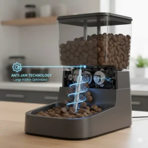 Technical illustration of anti-jamming technology designed for the larger kibble sizes typically used for big dog breeds.