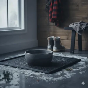 Durable extra large dog bowl placed on a winter boot mat in a Canadian entryway to prevent spills from melting snow.
