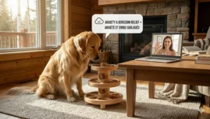 A calm dog using a puzzle dog feeder to reduce separation anxiety and boredom while the owner is at work.