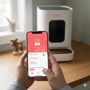 A smartphone showing a pet feeding app with bilingual English and French settings for an automatic dog feeder.