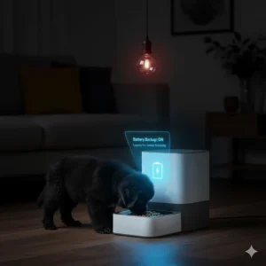 A graphic showing the battery backup feature of an automatic dog feeder, essential for Canadian winter power reliability.