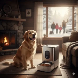 A cat owner in Vancouver packing for a weekend trip while setting up an automatic feeder for their pet.