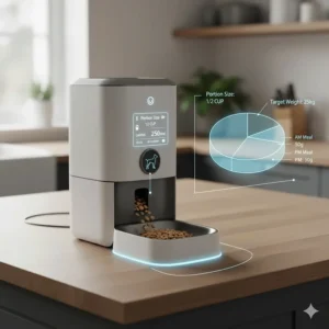 A technical diagram showing precise portion control settings on an automatic dog feeder to maintain a healthy pet weight.