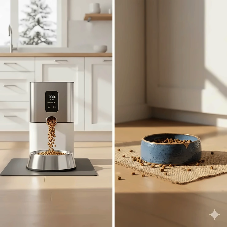 A comparison of top-rated automatic pet feeders in a modern Canadian home setting, showing a cat eating in a bright kitchen. automatic dog feeder vs regular bowl