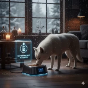 Illustration of an automatic dog feeder with battery backup, ensuring large dogs are fed during Canadian winter power outages.