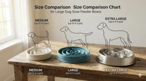 Illustration showing how a slow feeder for large dogs prevents bloating and improves digestion for active breeds.