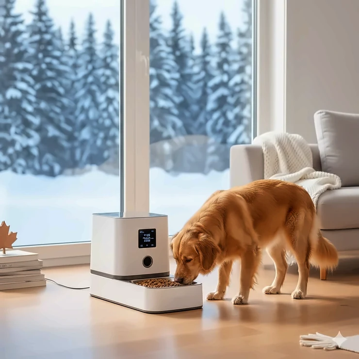 A modern automatic dog feeder dispensing kibble for a Golden Retriever in a Canadian home with a winter landscape visible through the window. automatic dog feeder