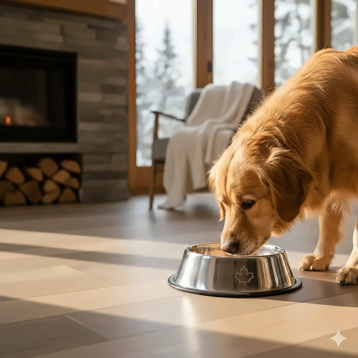 A Golden Retriever eating from a stainless steel dog bowl on a wooden floor in a bright Canadian home, highlighting safe material for dog bowls.