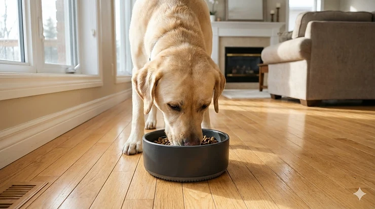 A Labrador eating from a heavy-duty non slip dog bowl on a hardwood floor in a modern Canadian home.
