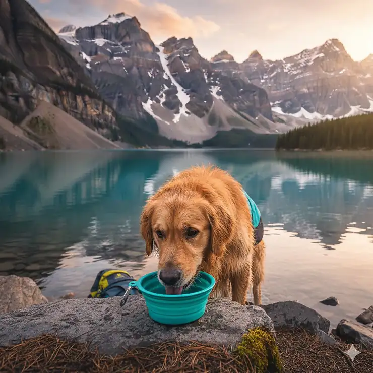 A Labrador Retriever drinking from the best travel dog bowl in Canada with the turquoise waters of Lake Banff and Rocky Mountains in the background. best travel dog bowl canada