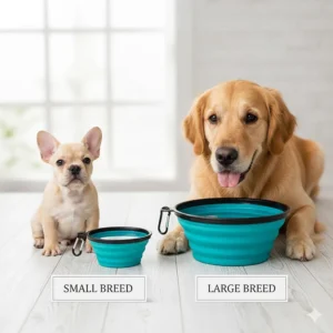 Comparison of small and large travel dog bowl sizes for different breeds common in Canada, like Frenchies and Labs.
