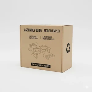 A stylized manual for an adjustable elevated dog bowl with English and French instructions (Mode d’emploi inclus).