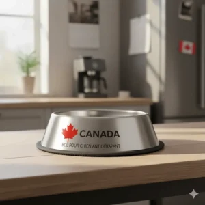 French-focused graphic showing a 'bol pour chien antidérapant' with a maple leaf icon, highlighting Canadian durability.
