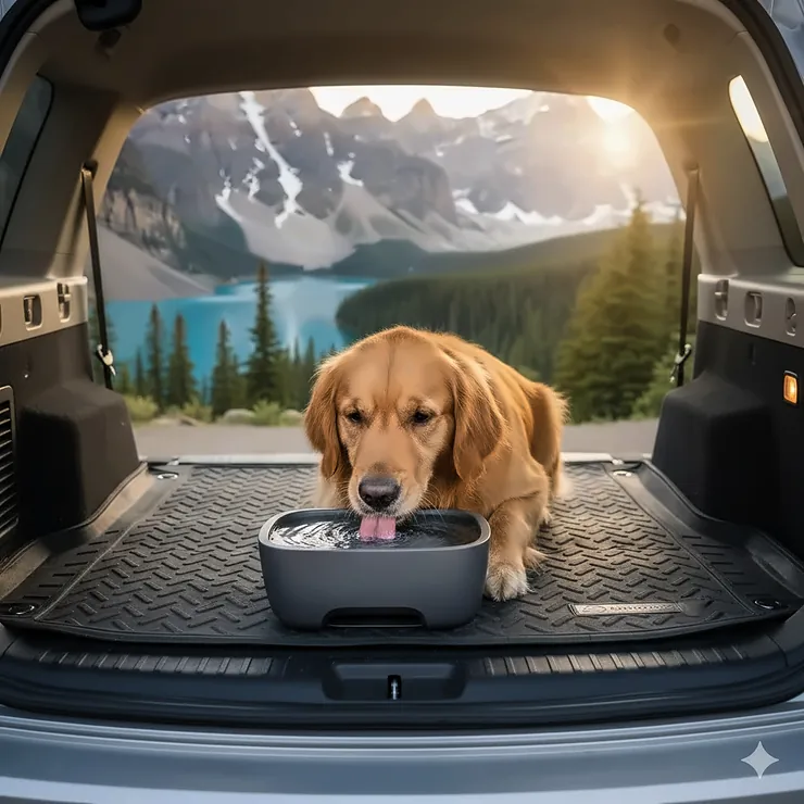 A Golden Retriever drinking from a splash-proof car dog water bowl in the cargo area of an SUV during a Canadian road trip.