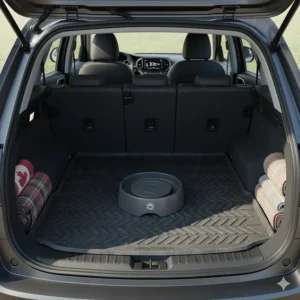 Top-down view of a car dog water bowl fitting perfectly in the trunk of a compact SUV.