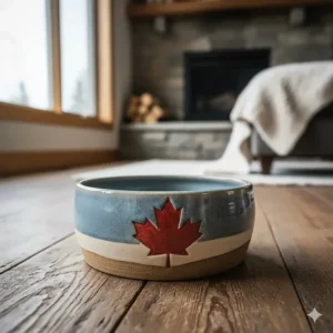 A heavy ceramic dog bowl with a maple leaf motif, showcasing stylish stoneware as a durable material for dog bowls.