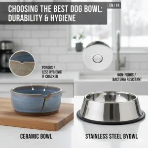 Comparison of ceramic and stainless steel dog bowls showing durability and hygiene for Canadian pet owners.