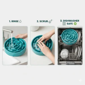 Step-by-step illustration showing how to easily clean a dishwasher-safe slow feeder dog bowl.