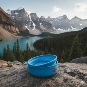 Illustration of a blue collapsible silicone bowl, a portable material for dog bowls perfect for hiking in the Canadian Rockies.