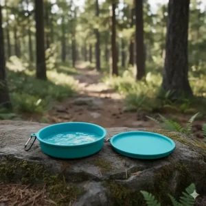 A silicone collapsible travel dog bowl for hiking in Canada, shown expanded and flat for easy packing.