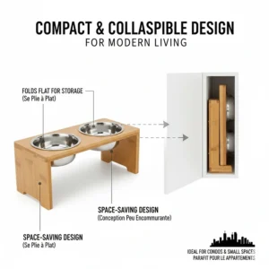 Illustration of a collapsible adjustable elevated dog bowl design for easy storage in smaller Toronto or Vancouver condos.