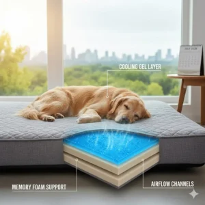 Illustration showing cooling gel technology inside an orthopedic bed to keep dogs comfortable during humid Ontario summers.