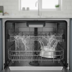 Easy-to-clean, dishwasher-safe stainless steel pet bowl illustration showing high-heat resistance.