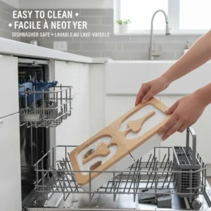 Illustration of an easy-to-clean, dishwasher-safe puzzle dog feeder being washed in a modern kitchen.