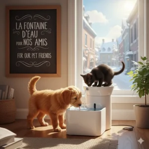 A shared dog water fountain used by a puppy and a kitten; ideal for Canadian pet owners seeking a "fontaine d'eau pour chien" or cat.