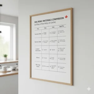 A comparison table in English and French (Matériaux pour bols de chiens) analyzing the pros and cons of each material for dog bowls.