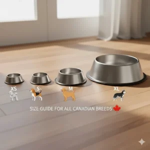 Size chart for stainless steel dog bowls ranging from small to extra-large for all Canadian breeds.