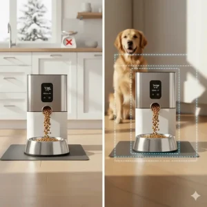 A professional in a Toronto office checking their smartphone to remotely feed their dog via an automatic feeder app.