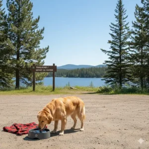 Illustration of a dog using a car water bowl at a trailhead parking lot in a Canadian provincial park.