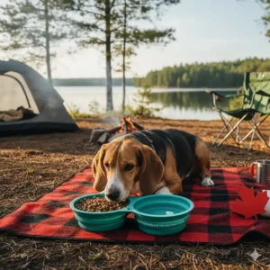 A double travel dog bowl set for food and water at a Canadian campsite (ensemble de bols de voyage pour chiens).