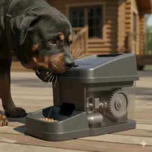 Illustration of a heavy-duty automatic feeder for large dogs featuring a reinforced, chew-proof lid for powerful breeds.