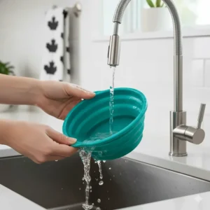 A durable, dishwasher-safe travel dog bowl being rinsed, highlighting ease of use for busy Canadian pet owners.