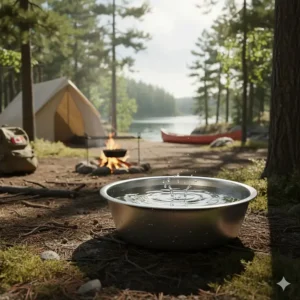 Illustration of a heavy-duty metal water bowl used during a Canadian summer camping trip.