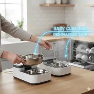 Diagram of a dishwasher-safe stainless steel bowl from an automatic feeder for large dogs, highlighting easy maintenance.