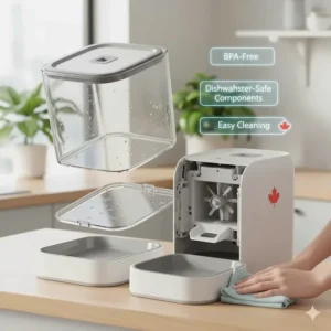 An exploded view illustration of the BPA-free, dishwasher-safe components of a high-quality automatic dog feeder.