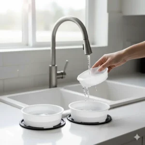 Illustration of the easy-to-clean, dishwasher-safe components of a travel dog water bowl.